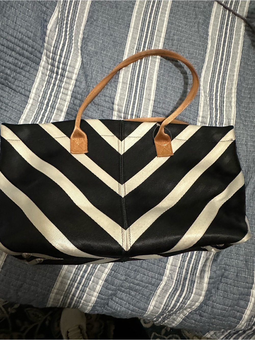 Harveys Black and Cream Chevron Tote Bag with Tan Handles